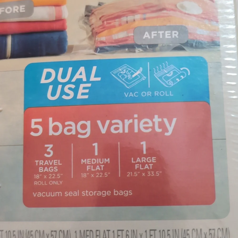 Sealed Ziploc Space Bags 5 Count Variety Pack 3 Travel 1 Large & Medium Flat